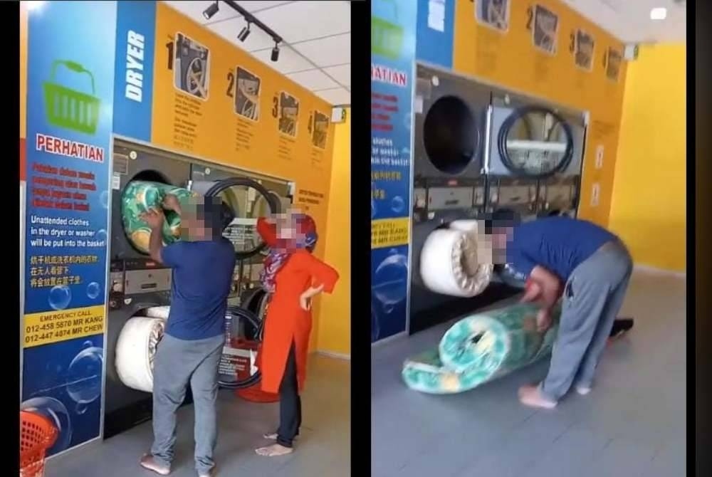 சலவை இயந்திரத்திற்குள் மெத்தையை திணித்த இருவர்