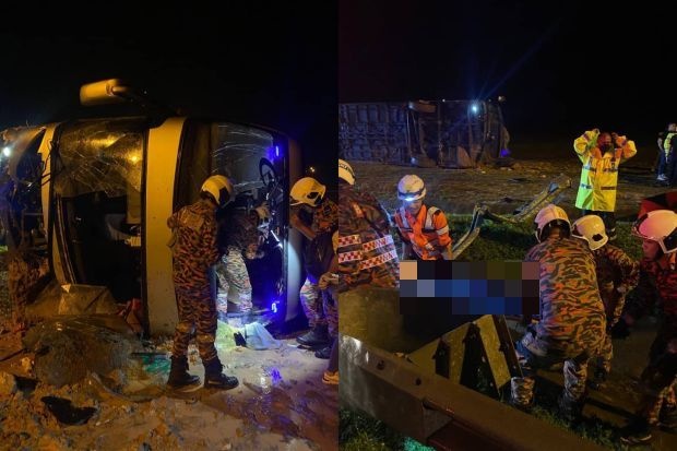 நெடுஞ்சாலையில் எக்ஸ்பிரஸ் பேருந்து கவிழ்ந்தது