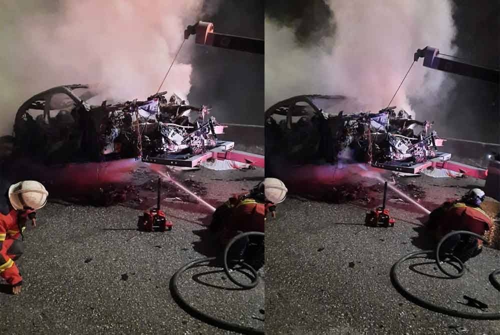 வாகனம் தடம்புரண்டு, தீப்பற்றிக்கொண்டது