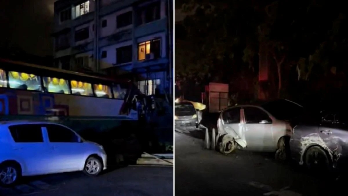 பேருந்து விபத்துக்குள்ளாகியதில் 5 கார்கள் சேதமடைந்தன