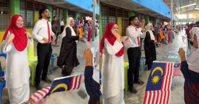 சைகையோடு தேசப்பக்திப் பாடலைப் பாடிய ஆசிரியர்கள்