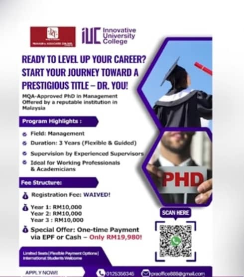 19 ஆயிரத்து 980 ரிங்கிட் கட்டணத்தில் பிஎச்டி முனைவர் பட்டம் பெறலாம்