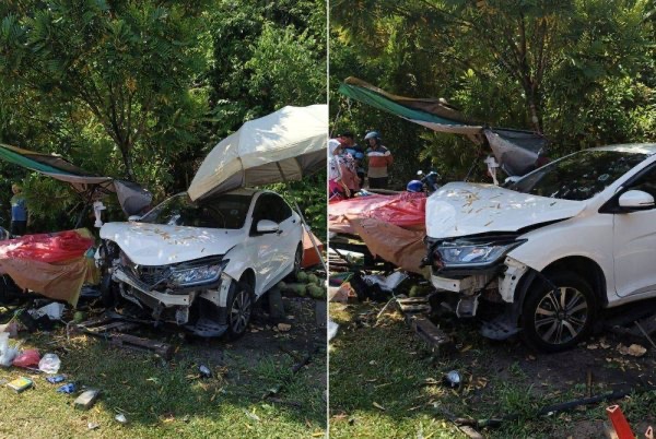 இளநீர் கடையில் கார் மோதியது, மூவர் காயம்