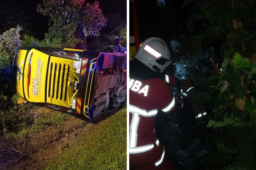 கோல கிராய் அருகே 15 பயணிகளுடன் பேருந்து கவிழ்ந்து விபத்திற்குள்ளானது