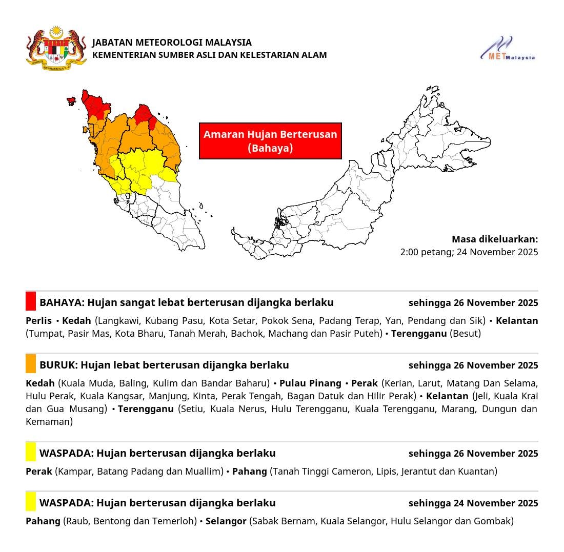 கன மழை புதன்கிழமை வரை தொடரும்: அபாய வாய்ப்பு உள்ளது