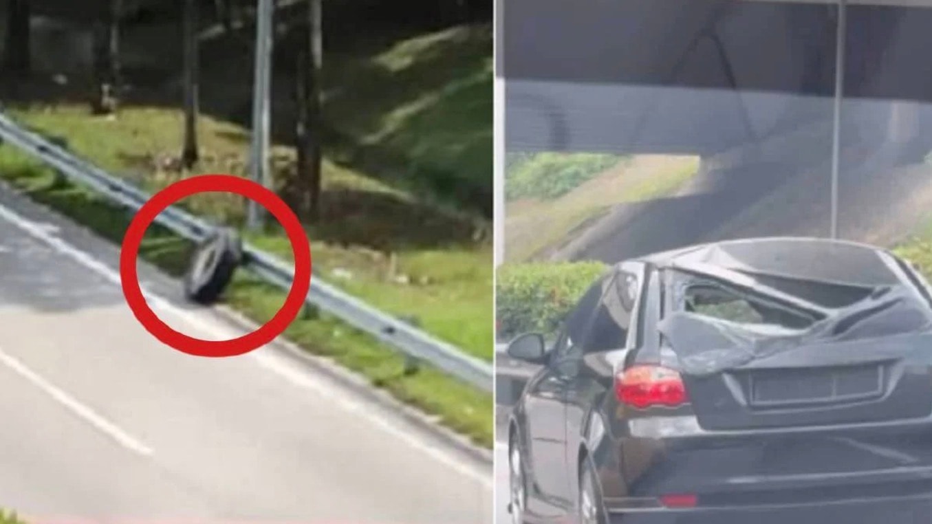 நெடுஞ்சாலையில் கார் மீது பாய்ந்த லாரி டயர்