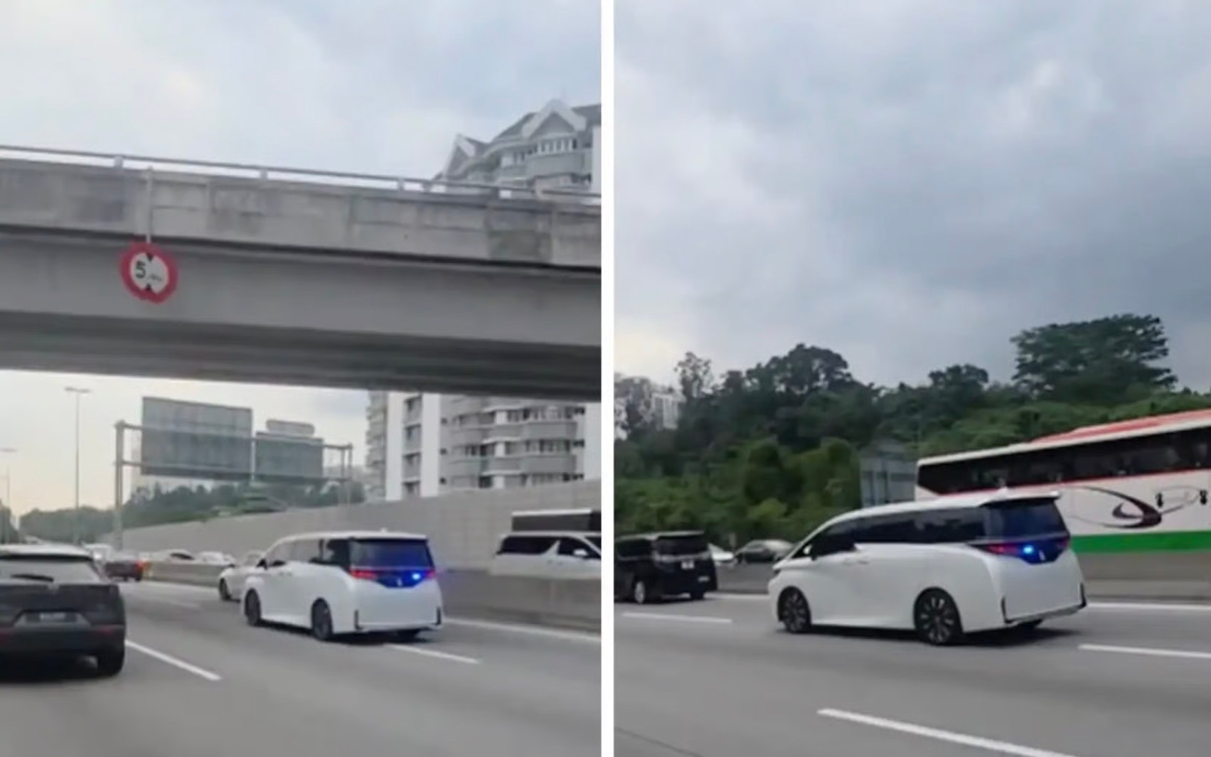 நீல நிற விளக்குகளை ஒளிரவிட்டபடி சென்ற வெள்ளை எம்பிவிக்கு போலீஸ் வலை வீச்சு