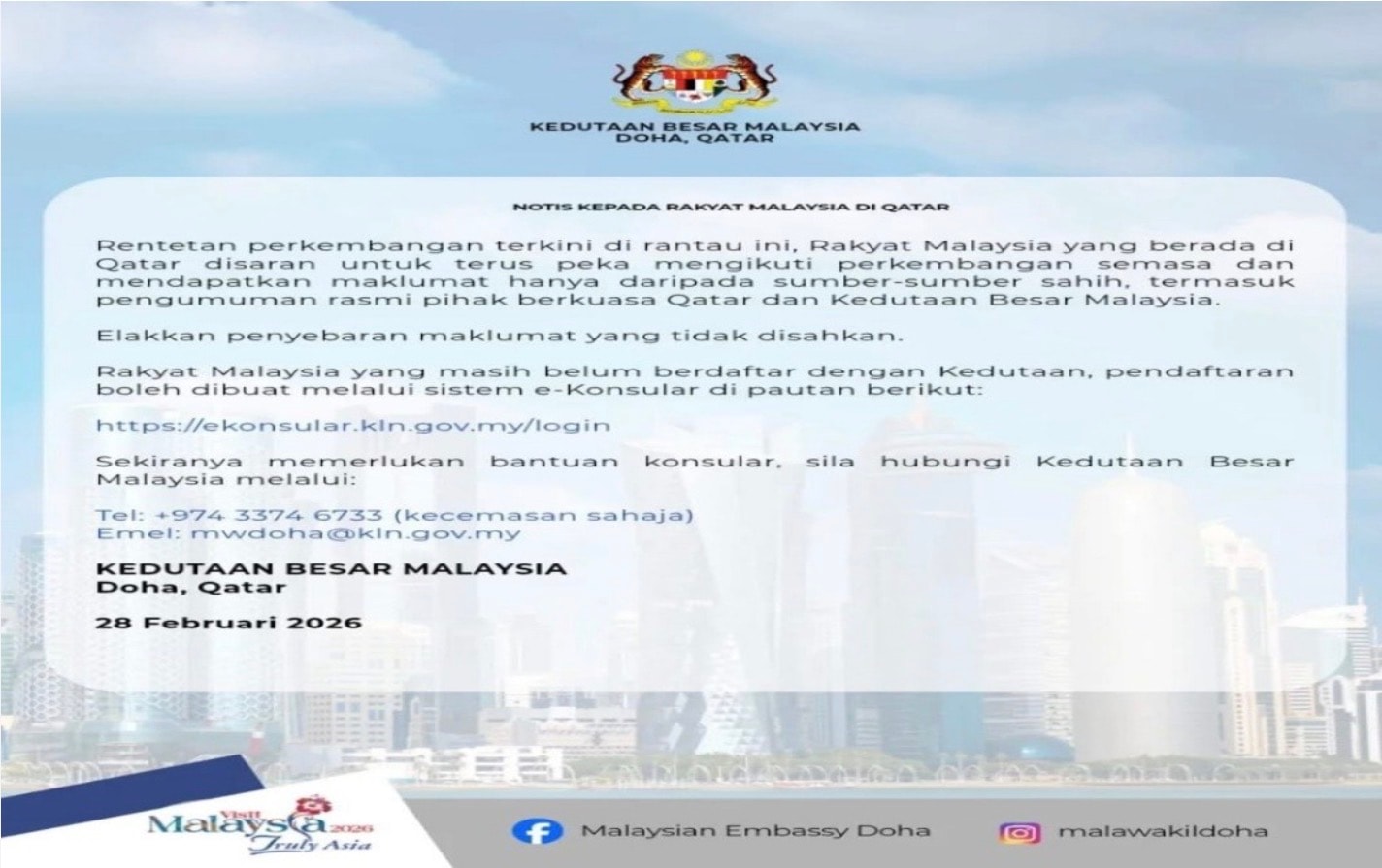 மத்திய கிழக்கில் பதற்றம்: விழிப்புடன் இருக்குமாறு மலேசியர்களுக்கு அறிவுறுத்தல்