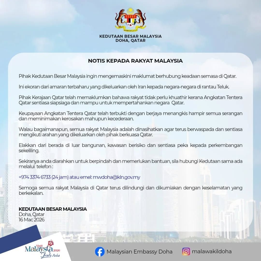 கத்தாரில் உள்ள மலேசியர்கள் விழிப்புணர்வுடன் இருக்குமாறு தூதரகம் எச்சரிக்கை