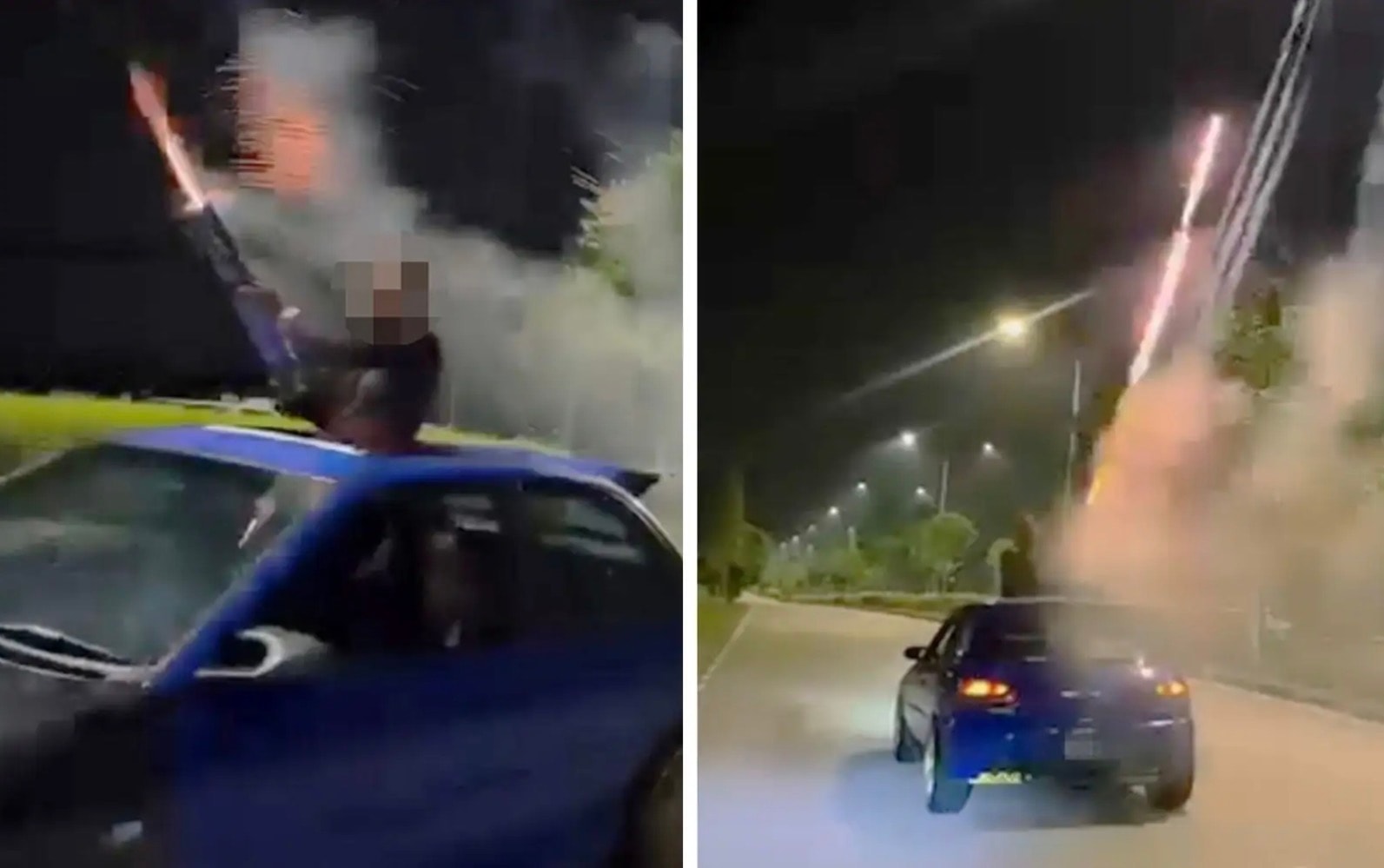 ஓடும் காரின் மேற்கூரையில் பட்டாசு வெடித்த இருவர் கைது