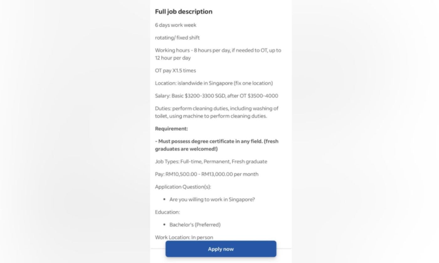 சிங்கப்பூரில் கழிவறை சுத்தம் செய்ய 13,000 ரிங்கிட் சம்பளம்! - பட்டப்படிப்பு கட்டாயம் என்பதால் நெட்டிசன்கள் வியப்பு