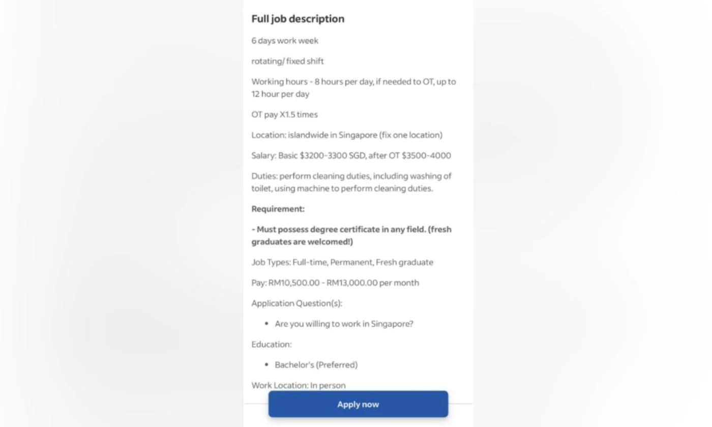சிங்கப்பூரில் கழிவறை சுத்தம் செய்ய 13,000 ரிங்கிட் சம்பளம்! - பட்டப்படிப்பு கட்டாயம் என்பதால் நெட்டிசன்கள் வியப்பு